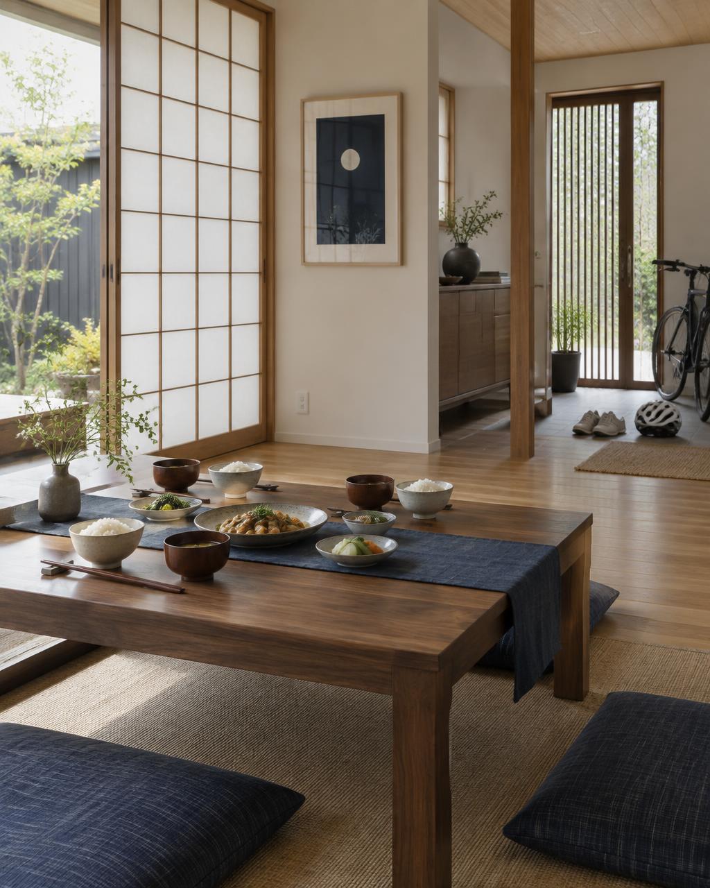 A Japanese family home with a low dining table set for a shared meal